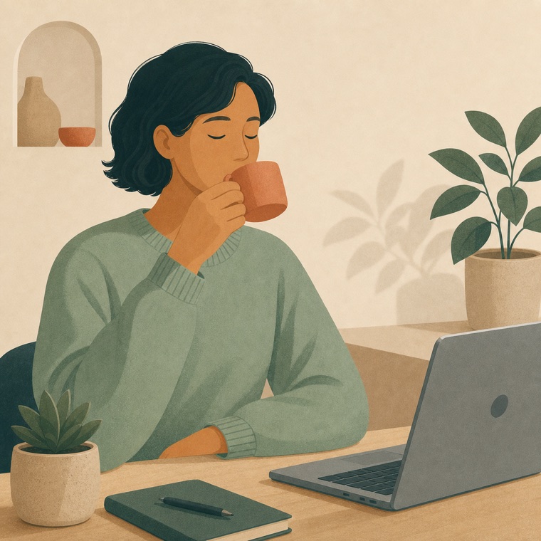 A screen worker pausing to take a calm sip from a cup